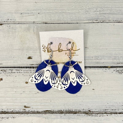 SUEDE + STEEL *Limited Edition* || Leather Earrings || SILVER BEE/BUTTERFLY/MOTH ACCENT || <BR> ELECTRIC COBALT BLUE