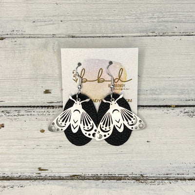 SUEDE + STEEL *Limited Edition* || Leather Earrings || SILVER BEE/BUTTERFLY/MOTH ACCENT || <BR> MATTE BLACK