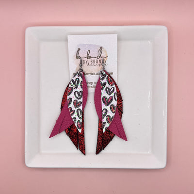 ANDY -  Leather Earrings  ||   <BR> GLITTER HEARTS ON WHITE (FAUX LEATHER), <BR> MATTE PINK, <BR> SHIMMER RED ON BLACK