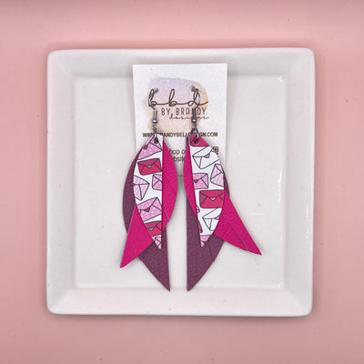 ANDY -  Leather Earrings  ||   <BR> LOVE LETTERS (FAUX LEATHER), <BR> MATTE NEON PINK, <BR> MATTE MAUVE PEBBLED