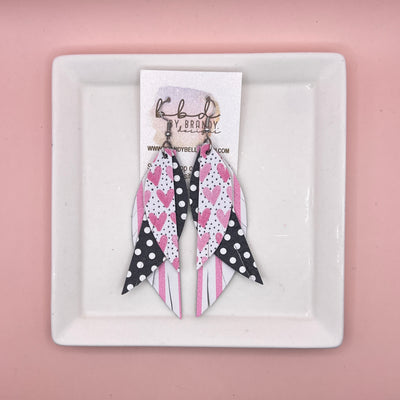 ANDY -  Leather Earrings  ||   <BR> PINK HEARTS ON POLKADOTS (FAUX LEATHER), <BR> BLACK WITH WHITE POLKADOTS, <BR> PINK & WHITE STRIPES