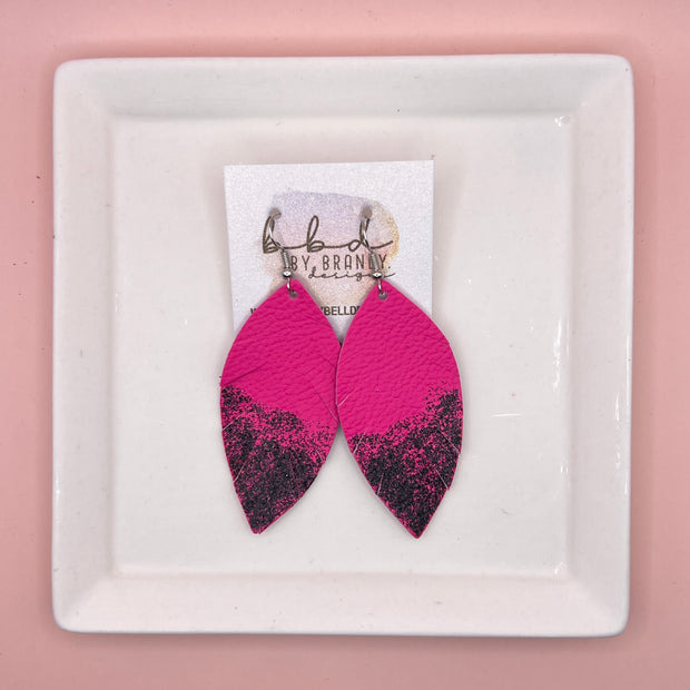 ✨ GLITTER  "DIPPED" MAISY (2 SIZES!) - Genuine Leather Earrings  || MATTE NEON PINK  + BLACK GLITTER "DIPPED" FINISH