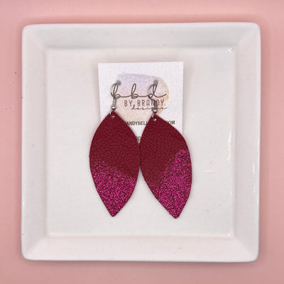 ✨ GLITTER  "DIPPED" MAISY (2 SIZES!) - Genuine Leather Earrings  || MATTE RED + RAZZBERRY GLITTER "DIPPED" FINISH