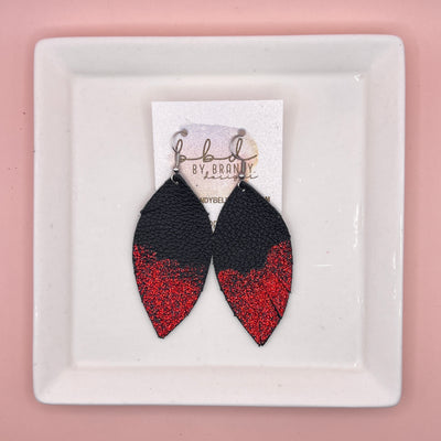 ✨ GLITTER  "DIPPED" MAISY (2 SIZES!) - Genuine Leather Earrings  || MATTE BLACK + RED GLITTER "DIPPED" FINISH