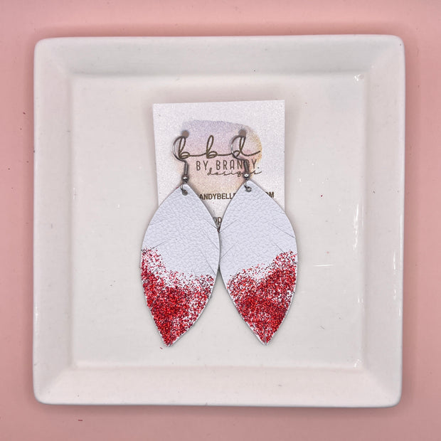 ✨ GLITTER  "DIPPED" MAISY (2 SIZES!) - Genuine Leather Earrings  || MATTE WHITE + RED GLITTER "DIPPED" FINISH