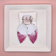 ✨ GLITTER  "DIPPED" MAISY (2 SIZES!) - Genuine Leather Earrings  || MATTE WHITE + RAZZBERRY GLITTER "DIPPED" FINISH