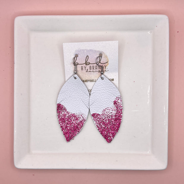 ✨ GLITTER  "DIPPED" MAISY (2 SIZES!) - Genuine Leather Earrings  || MATTE WHITE + RAZZBERRY GLITTER "DIPPED" FINISH