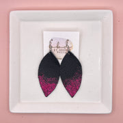 ✨ GLITTER  "DIPPED" MAISY (2 SIZES!) - Genuine Leather Earrings  || MATTE BLACK + RAZZBERRY GLITTER "DIPPED" FINISH