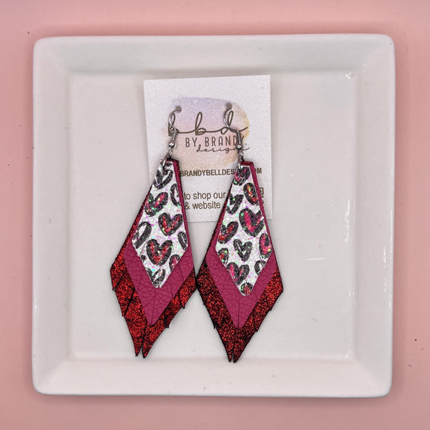 COLLEEN -  Leather Earrings  ||   <BR> GLITTER HEARTS ON WHITE (FAUX LEATHER), <BR> MATTE PINK, <BR> SHIMMER RED ON BLACK