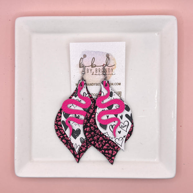 EVE WITH SNAKES -  Leather Earrings  ||   <BR> MATTE NEON PINK,<BR> BLACK SCRIBBLED HEARTS <BR> METALLIC PINK BISON