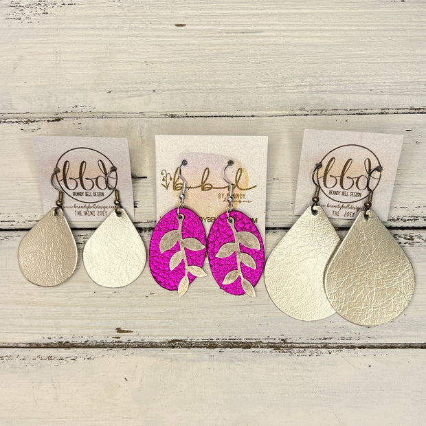 SUEDE + STEEL *Limited Edition* COLLECTION || Leather Earrings || SILVER LEAVES, <BR> METALLIC NEON PINK PEBBLED