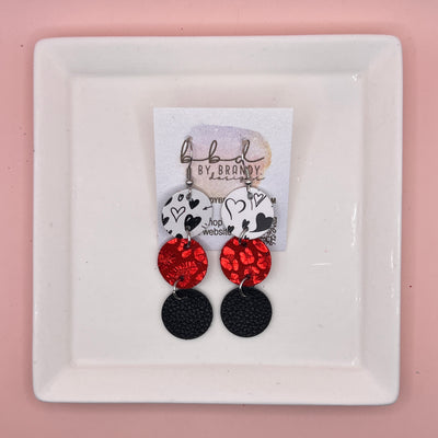 DAISY -  Leather Earrings  ||   <BR> BLACK SCRIBBLED HEARTS,<BR>METALLIC RED LEOPARD, <BR> MATTE BLACK