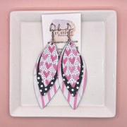 INDIA -  Leather Earrings  ||   <BR> PINK HEARTS ON POLKADOTS (FAUX LEATHER), <BR> BLACK WITH WHITE POLKADOTS, <BR> PINK & WHITE STRIPES