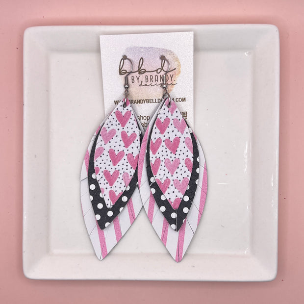 INDIA -  Leather Earrings  ||   <BR> PINK HEARTS ON POLKADOTS (FAUX LEATHER), <BR> BLACK WITH WHITE POLKADOTS, <BR> PINK & WHITE STRIPES