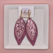 INDIA -  Leather Earrings  ||   <BR> PINK GLITTER (FAUX LEATHER), <BR> MATTE LIGHT PINK, <BR> BLUSH BRAID