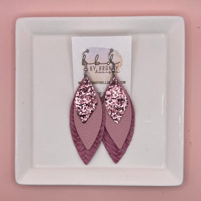 DOROTHY -  Leather Earrings  ||   <BR> PINK GLITTER (FAUX LEATHER), <BR> MATTE LIGHT PINK, <BR> BLUSH BRAID