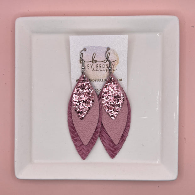 DOROTHY -  Leather Earrings  ||   <BR> PINK GLITTER (FAUX LEATHER), <BR> MATTE LIGHT PINK, <BR> BLUSH BRAID