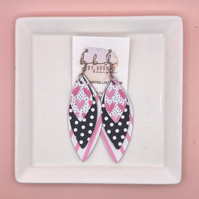 DOROTHY -  Leather Earrings  ||   <BR> PINK HEARTS ON POLKADOTS (FAUX LEATHER), <BR> BLACK WITH WHITE POLKADOTS, <BR> PINK & WHITE STRIPES