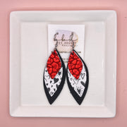 DOROTHY -  Leather Earrings  ||   <BR>METALLIC RED LEOPARD, <BR> BLACK SCRIBBLED HEARTS, <BR> MATTE BLACK