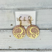 SUEDE + STEEL *Limited Edition* COLLECTION || Leather Earrings ||  <br> GOLD METAL FLOWER & MOON || <br> SHIMMER VINTAGE PINK