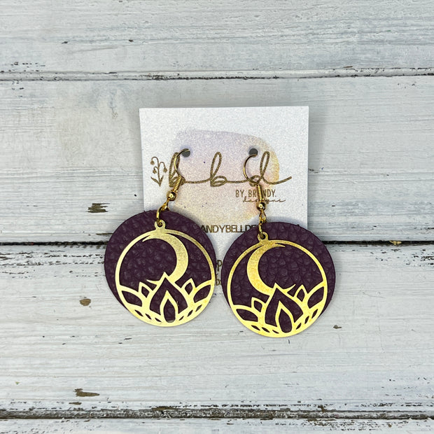 SUEDE + STEEL *Limited Edition* COLLECTION || Leather Earrings ||  <br> GOLD METAL FLOWER & MOON || <br> MATTE PLUM