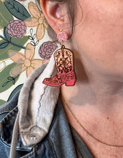 HAND-PAINTED WOODEN BOOTS -||  <br> Hand-painted earrings by Brandy Bell <br> LIGHT PINK Glitter studs + BLUSH & ROSE GOLD BOOTS