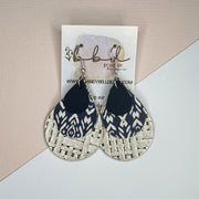 LINDSEY - Leather Earrings   ||  <BR> MATTE NAVY BLUE,  <BR>  NAVY SHIBORI, <BR>  METALLIC CHAMPAGNE PANAMA WEAVE