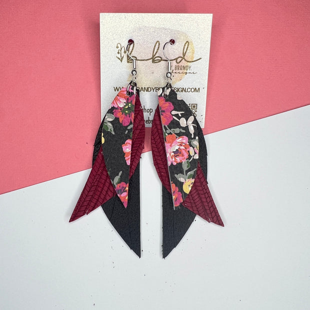 ANDY - Leather Earrings   ||  <BR> PINK FLORAL ON BLACK,  <BR> BURGUNDY PALMS, <BR>  MATTE BLACK