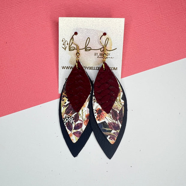 DOROTHY - Leather Earrings   ||  <BR> BURGUNDY BRAID, <BR> AUTUMN FLORAL,  <BR> MATTE NAVY BLUE