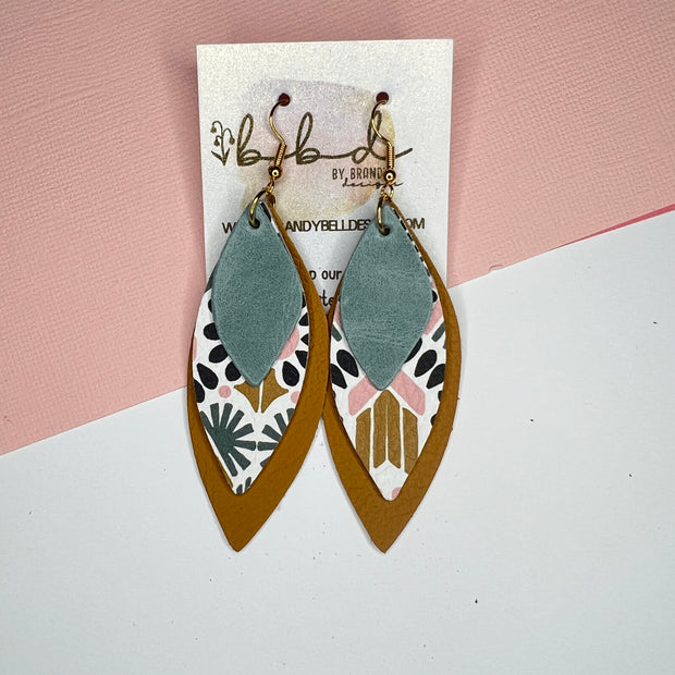 DOROTHY - Leather Earrings   ||  <BR> DUSTY AQUA RIVIERA, <BR> PINK/MUSTARD AZTEC,  <BR>  MATTE MUSTARD