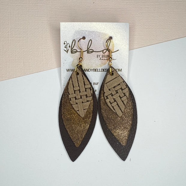 DOROTHY - Leather Earrings   ||  <BR>  TAN PANAMA WEAVE, <BR> DISTRESSED BROWN WITH GOLD ACCENTS,  <BR>  MATTE BROWN