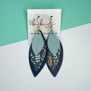 DOROTHY - Leather Earrings   ||   <BR>  DUSTY AQUA RIVIERA, <BR> WILDFLOWERS ON BLUE, <BR> MATTE NAVY BLUE