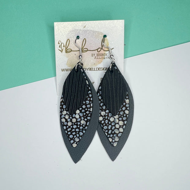 DOROTHY - Leather Earrings   ||  <BR> BLACK PALMS, <BR> BLACK STINGRAY,  <BR>  MATTE DARK GRAY