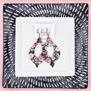 WREN - Leather Earrings  ||  PINK FLORAL ON BLACK (LEATHER ON CORK)