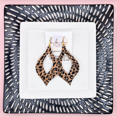 WREN - Leather Earrings  ||   BLACK & NATURAL CHEETAH  (LEATHER ON CORK)