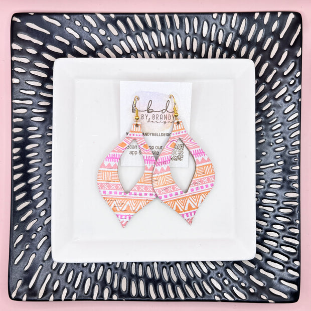 WREN - Leather Earrings  ||     ORANGE & PINK AZTEC PRINT ON CORK (LEATHER ON CORK)