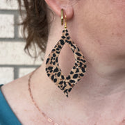 WREN - Leather Earrings  ||  PINK FLORAL ON BLACK (LEATHER ON CORK)