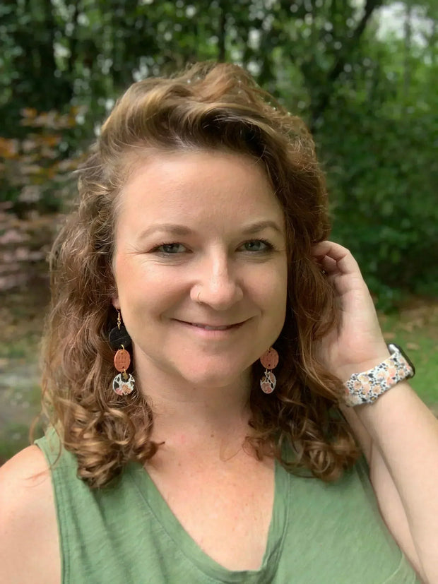 DAISY -  Leather Earrings  ||   <BR> BLACK SCRIBBLED HEARTS,<BR>METALLIC RED LEOPARD, <BR> MATTE BLACK