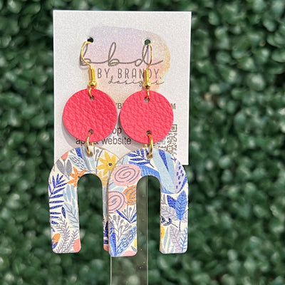 HOPE - Leather Earrings  ||    <BR> MATTE CORAL/PINK, <BR> BLUE FLORAL ON WHITE (LEATHER ON CORK)