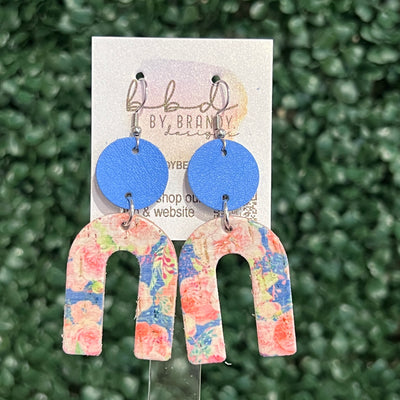 HOPE - Leather Earrings  ||    <BR> MATTE CAROLINA BLUE, <BR> PINK FLORAL ON BLUE (LEATHER ON CORK)