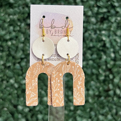 HOPE - Leather Earrings  ||    <BR> PEARL WHITE, <BR> MUSTARD FLORAL OUTLINES (LEATHER ON CORK)