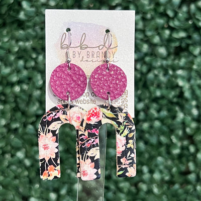 HOPE - Leather Earrings  ||    <BR> MATTE FUCHSIA, <BR> PINK FLORAL ON BLACK (LEATHER ON CORK)