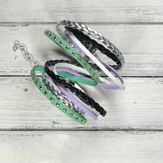 LAYERED WRAP BRACELET - Handmade by Brandy Bell Design <br> Black Braid, Silver Braid, White, Lilac & Mint Suede