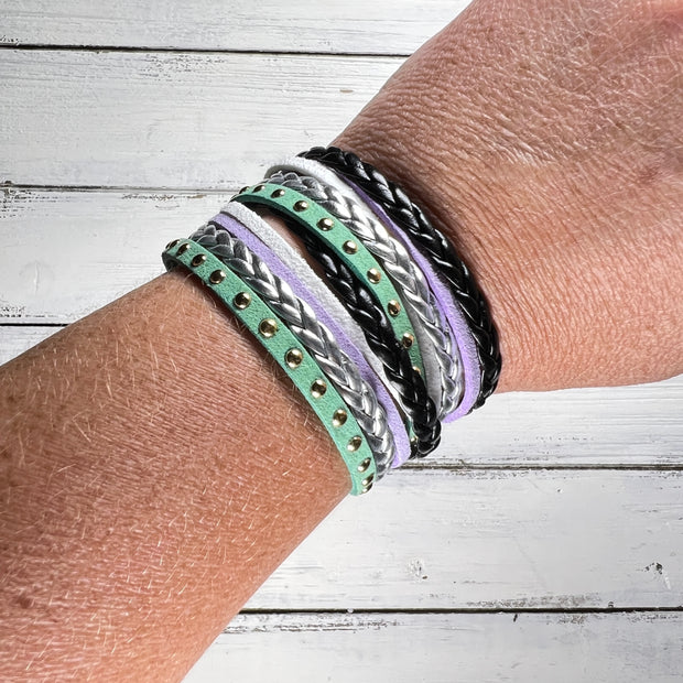 LAYERED WRAP BRACELET - Handmade by Brandy Bell Design <br> Black Braid, Silver Braid, White, Lilac & Mint Suede