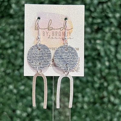 IRIS  ||  Leather Earrings || SILVER OR GOLD BRASS U-SHAPE, <BR>  BLUE DENIM