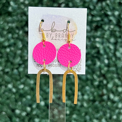 IRIS  ||  Leather Earrings || SILVER OR GOLD BRASS U-SHAPE, <BR>  MATTE NEON PINK