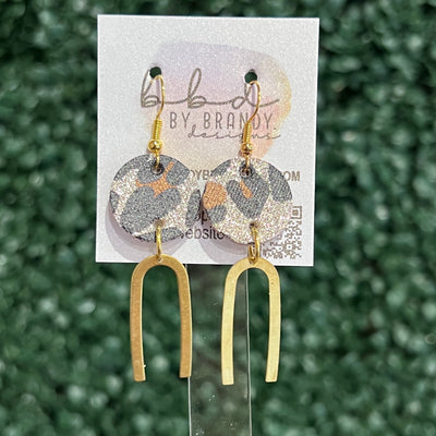 IRIS  ||  Leather Earrings || SILVER OR GOLD BRASS U-SHAPE, <BR>  GOLD GLITTER LEOPARD PRINT