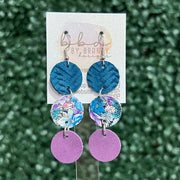 DAISY - Leather Earrings  ||    <BR> TEAL BRAID, <BR> PURPLE & GREEN FLORAL, <BR> MAGENTA RIVIERA