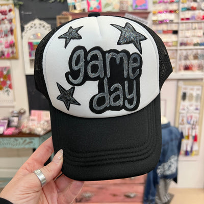 Hand-Painted Trucker Hat by  Brandy Bell - Black "Game Day" with glitter