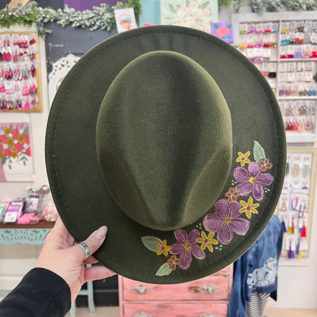 Hand-Painted Felt Hat by  Brandy Bell - Olive Green with Floral